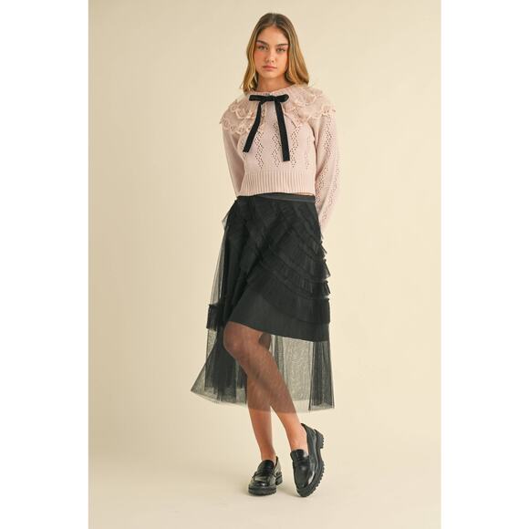 Frill Mesh Tulle Midi Skirt Black - Picture 7 of 7